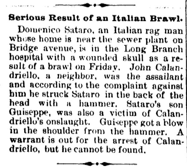 1903 newspaper clipping headlined Serious Result of an Italian Brawl, naming Domenico Sataro and John Calandriello