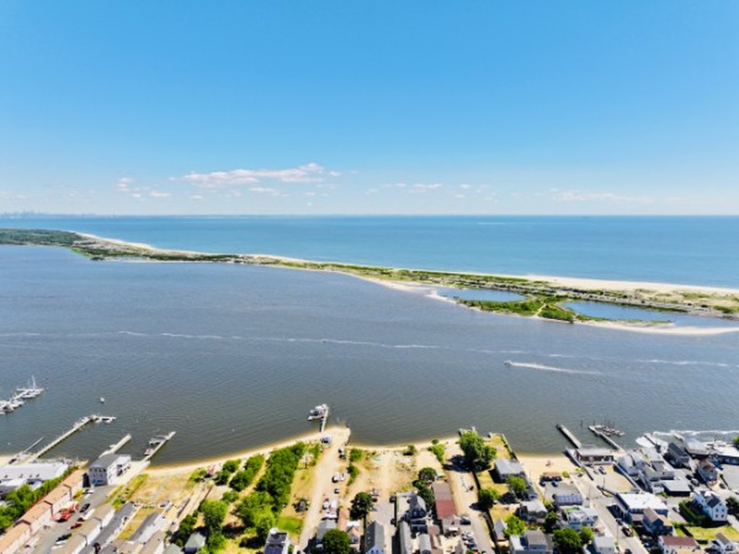 Aerial view over Sandy Hook and the bay from above Highlands, NJ